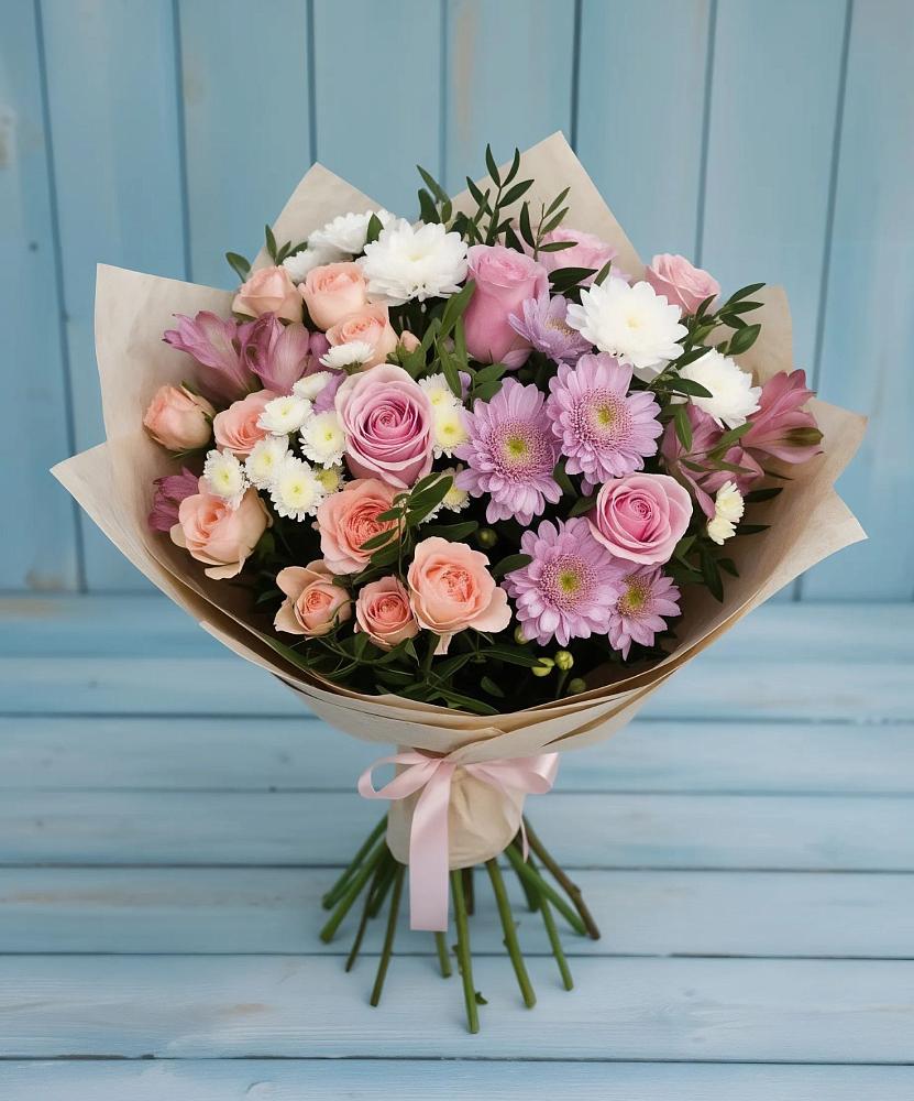 Букет цветов из: Хризантемы, Розы и Альстромерии в Орловском Ростовской области