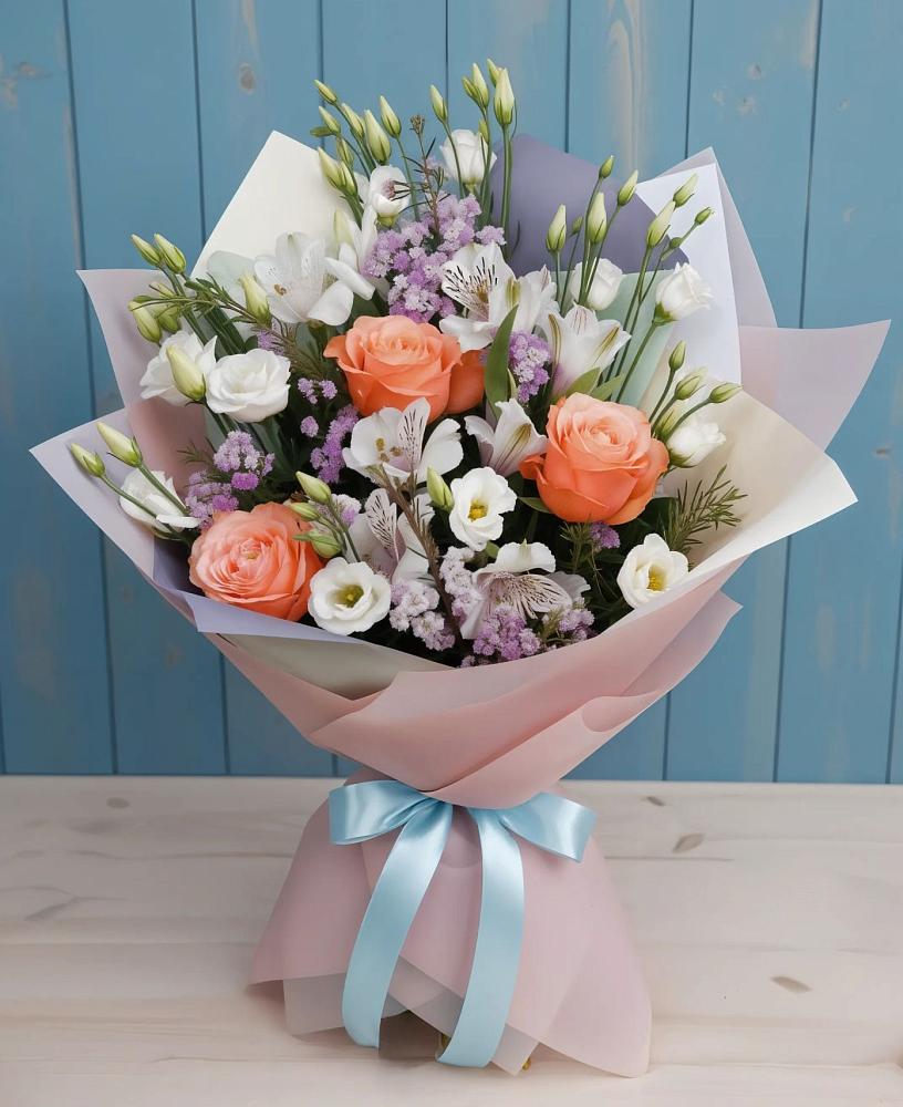 Букет цветов из: Лизиантусы, Розы, Альстромерии и Гипсофила в Орловском Ростовской области